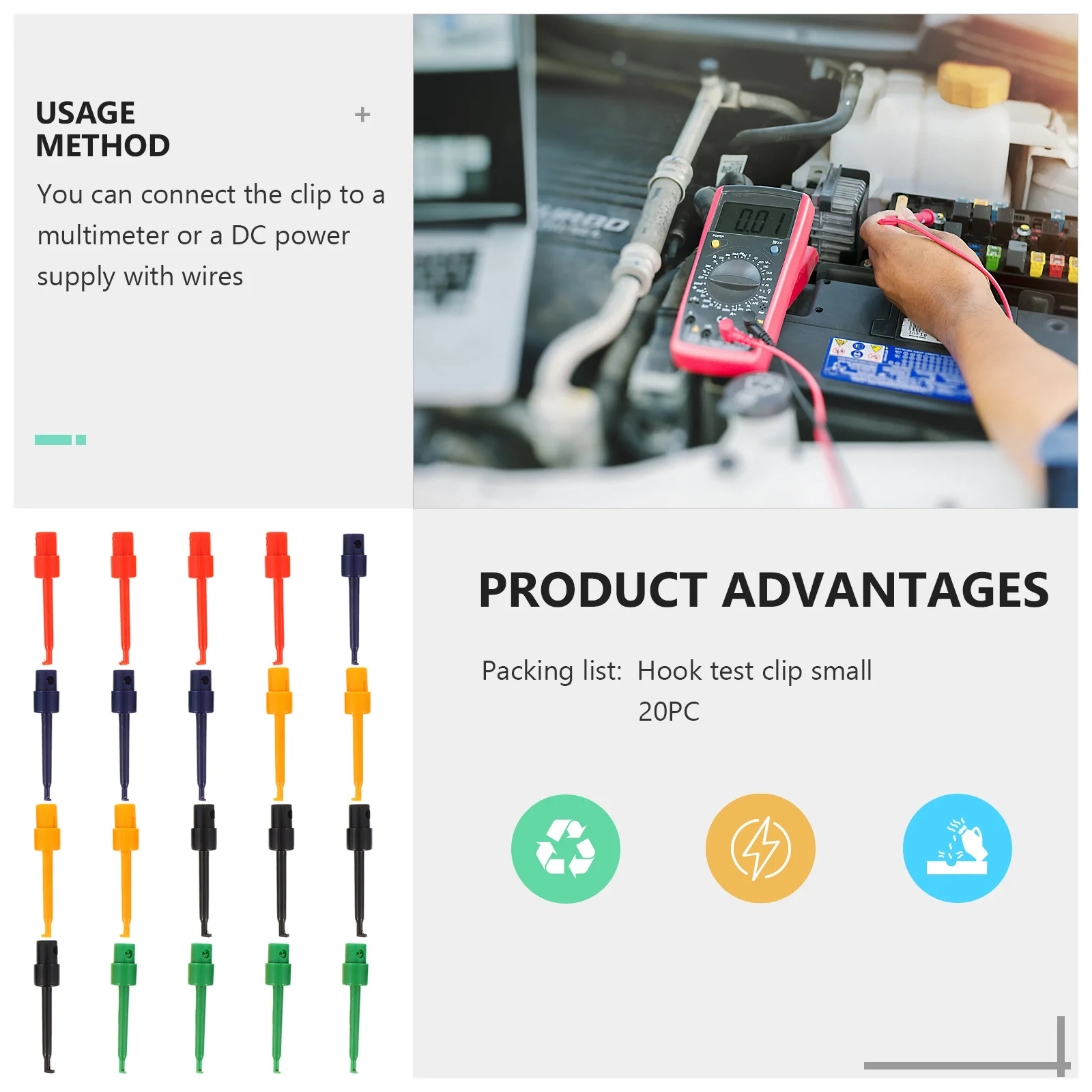 

20pcs Test Hook Probe Electrical Testing Tools Integrated Circuits Repairing Multimeter Spring Button Colorful Insulation