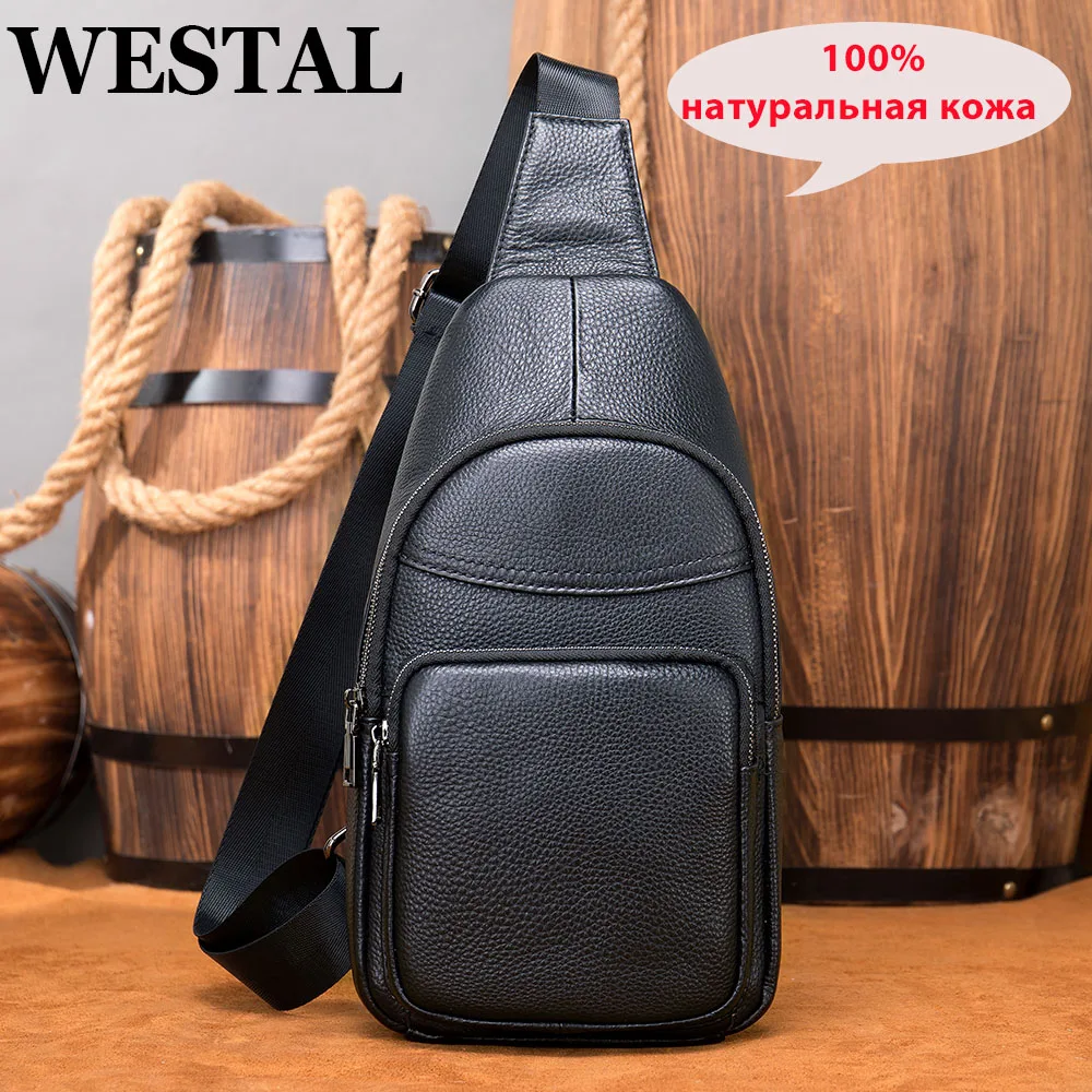 WESTAL Cowhide Genuine Leather Sling Bag Men Chest Bag Casual Traveling Chest Pack Black Men's Shoulder Bags Designer