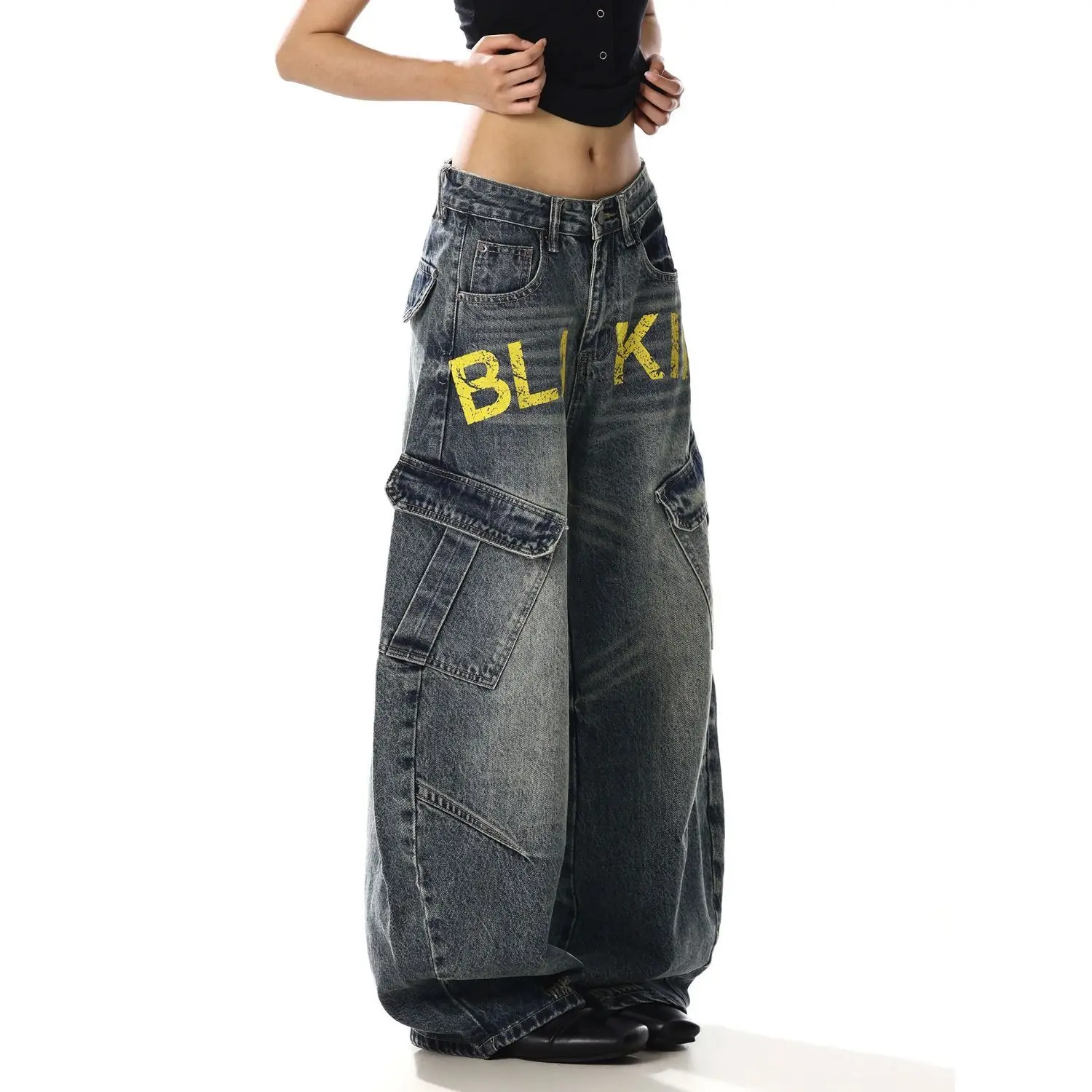 Y2K Retro American High Street Pocket Couple Jeans Retro Loose Casual Printed Wide Leg Letter Scimitar Trousers