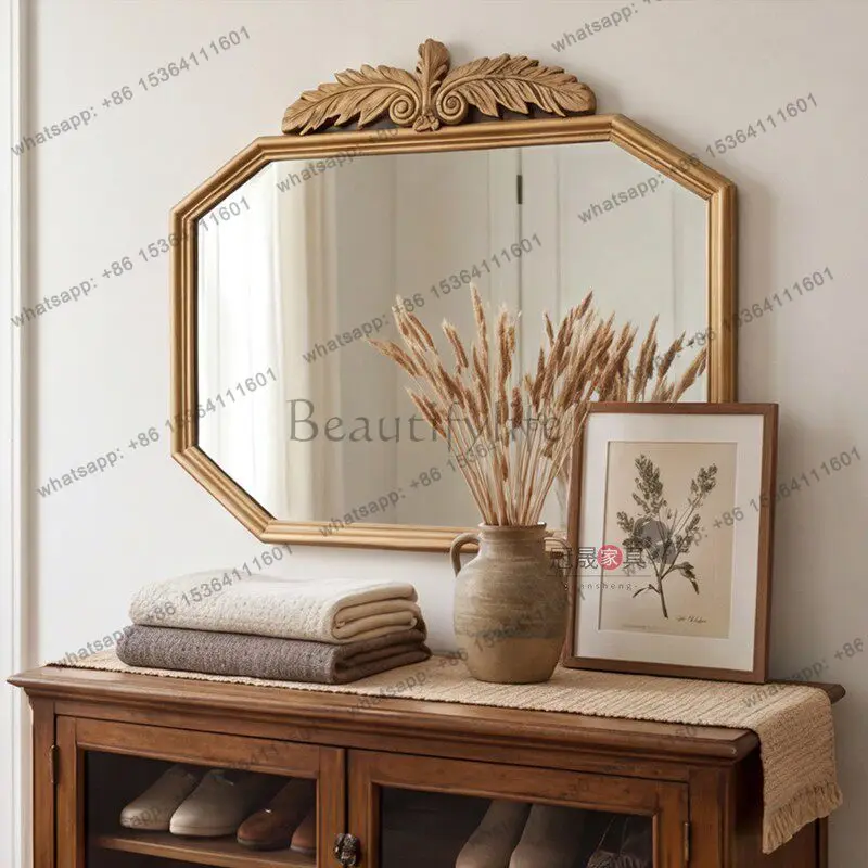 European retro premium vanity mirror wall-mounted living room entrance octagonal carved border vanity mirror 5
