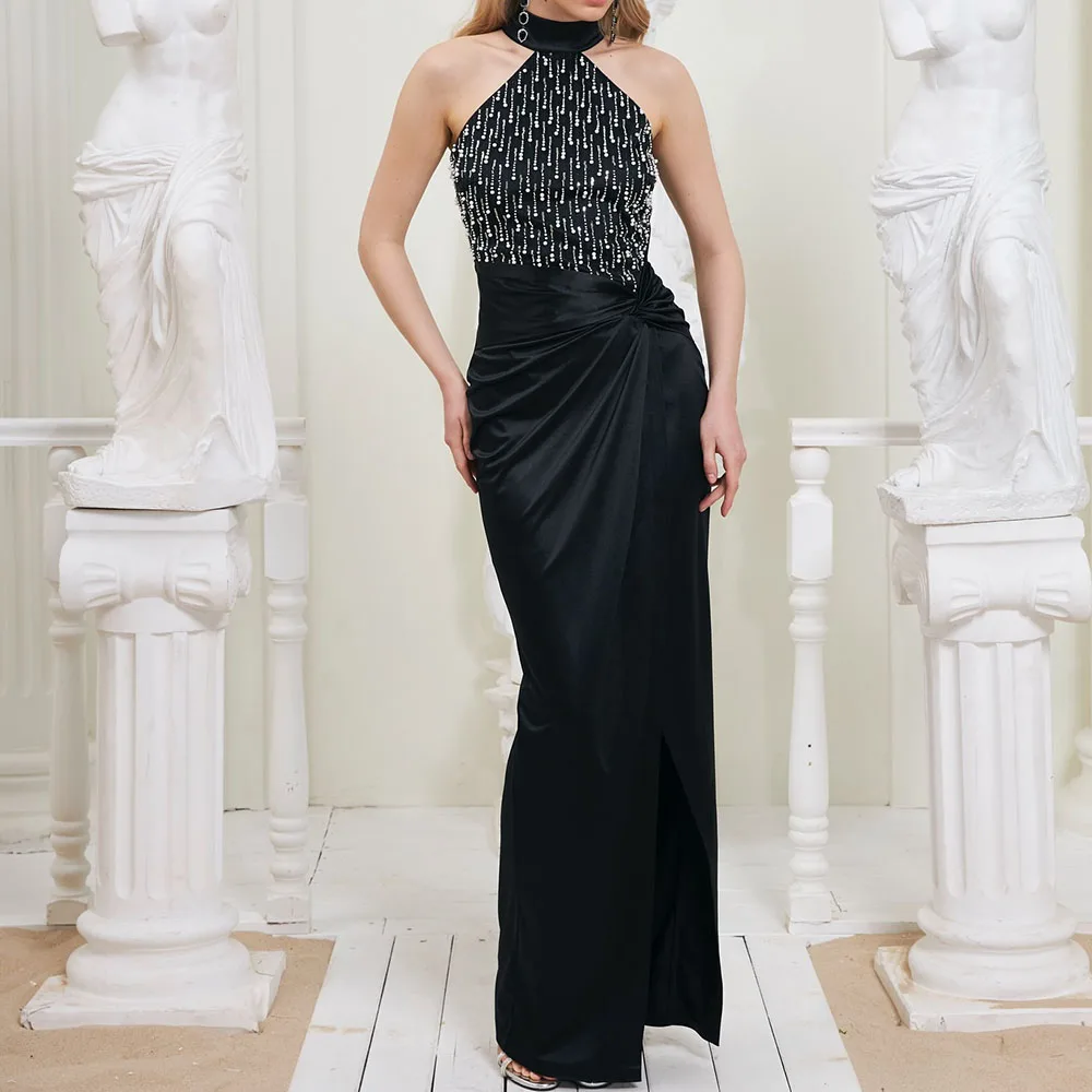 Maßgeschneiderte gerade Ballkleider, knöchellang, Stehkragen, volle Ärmel, Abendkleid, schlichtes, modisches, mit Perlen verziertes, paillettenbesetztes Partykleid