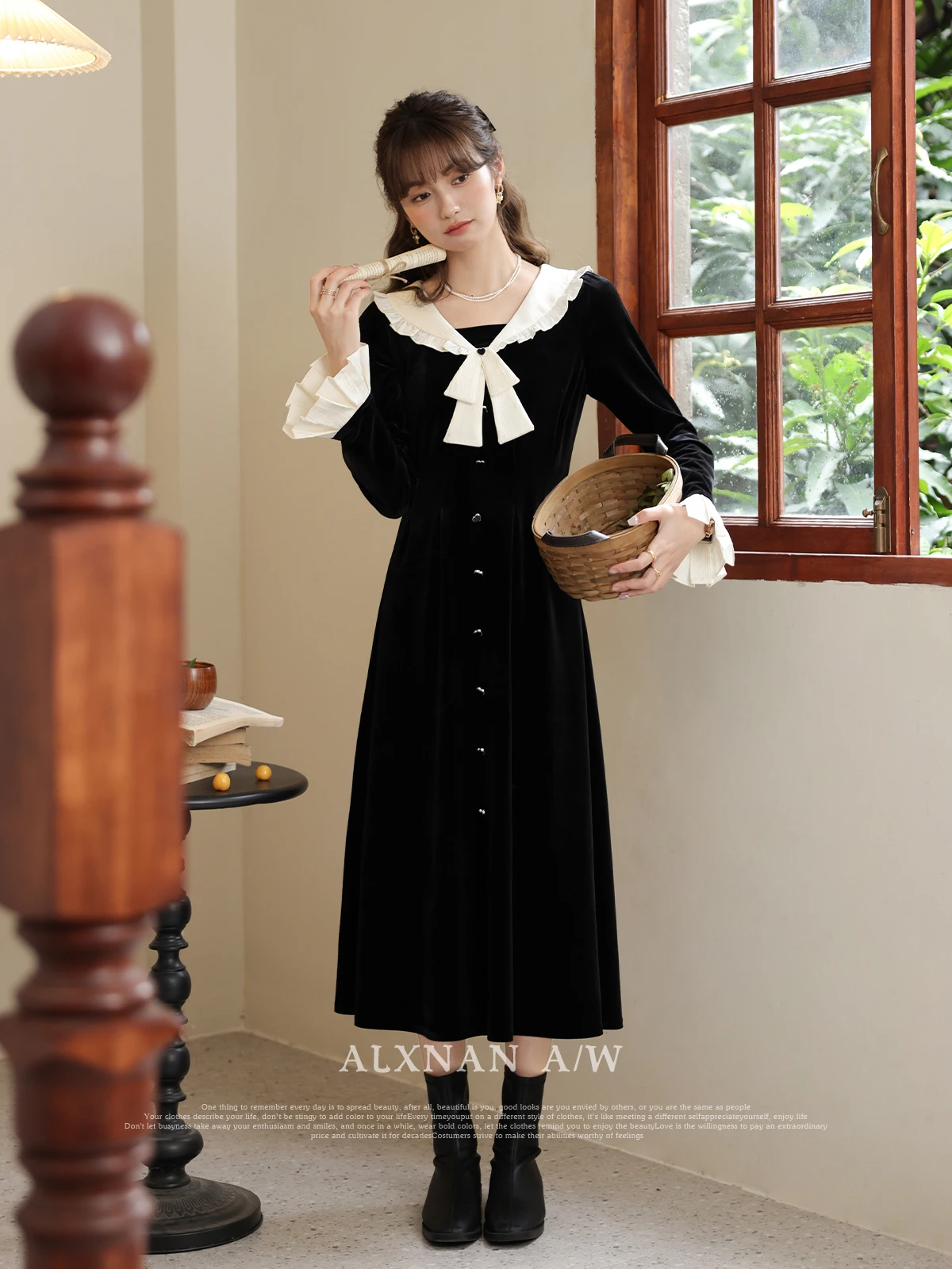 

ALXNAN V-neck Long Sleeve Velvet Dress for Women 2024 Autumn Winter French Style Black Elegant A-line Midi Dresses LXN32087