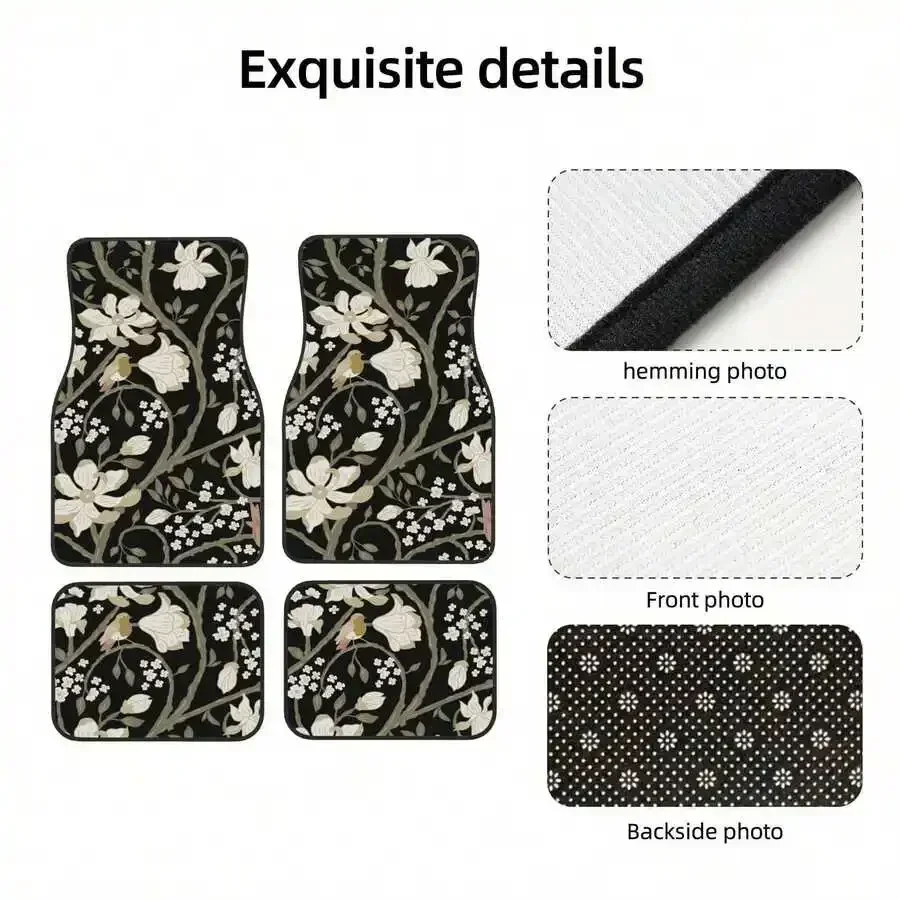 

Set Of 4 Car Floor Mats Floral Bird Design Stain Resistant Slip Proof Easy Clean Universal Fit