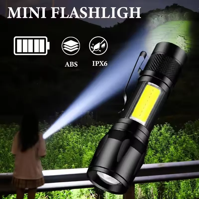 

Mini Torch Flashlight COB+XPE Portable USB Charging Camping Lantern Zoomable Focus Light Tactical Flashlight with Pen Clip