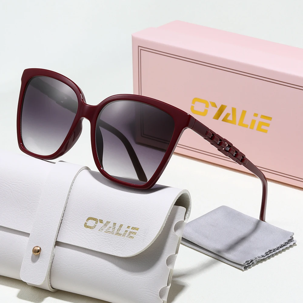 Oyalie Modische Damen-Sonnenbrille, Quadratische Sonnenbrille mit Verlaufsgläsern und Kettenartigem Bügel-Design