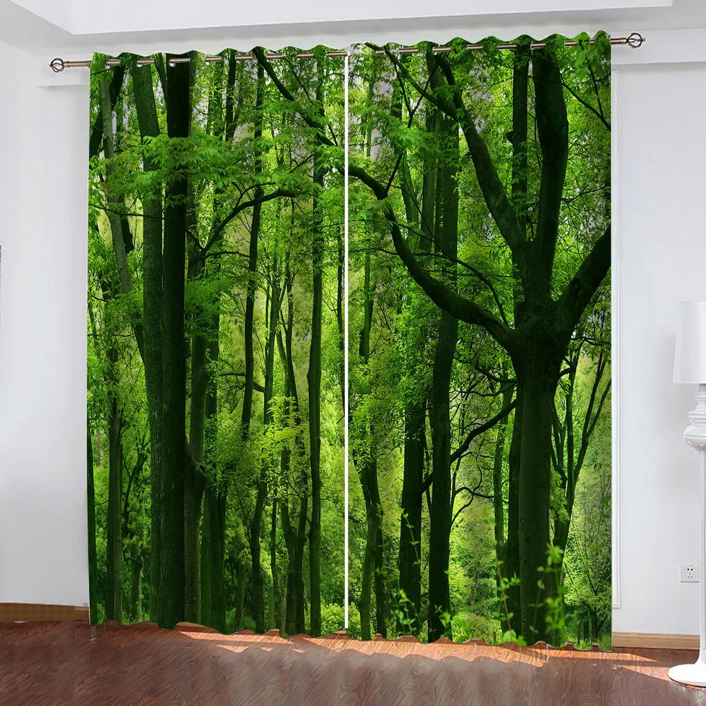 

HUANZHUANG Blackout Curtain Landscape Green Woods 2Pcs Painting Print Curtain Polyester Material For Living Room Bedroom Kitchen