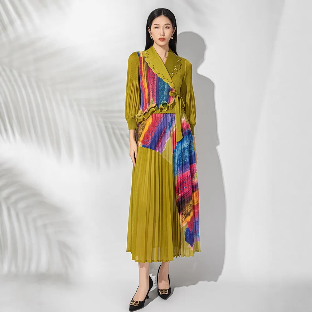 

Miyake Pleated New Printed Beaded Dress Women Lapel Long Sleeve Tie Pleated Temperament Large Size Stretch European Long Dresses