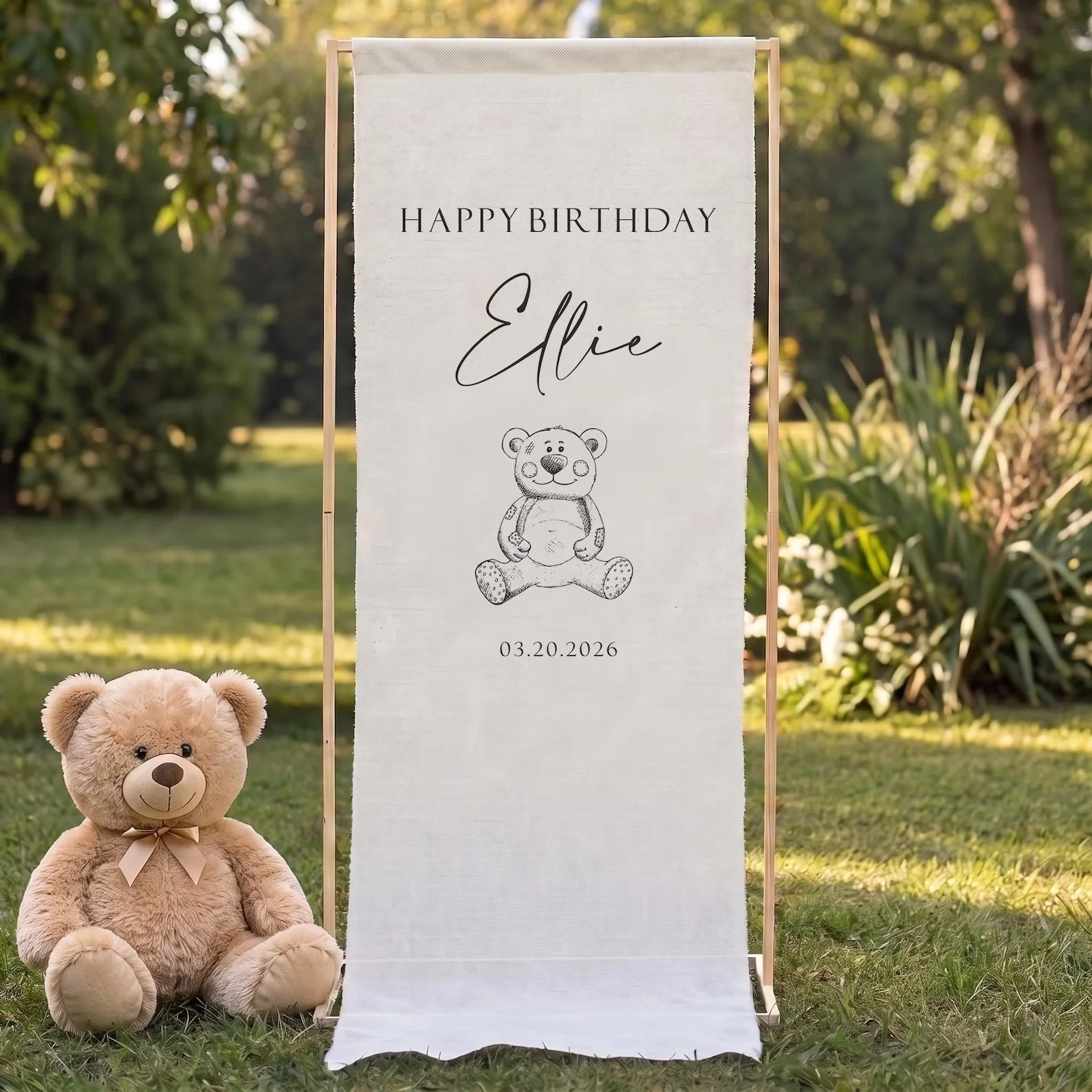 Personalized Linen Birthday Backdrop Custom Name Teddy Bear Drawing Date Vertical Kids Party Photo Booth Wall Hanging Decor