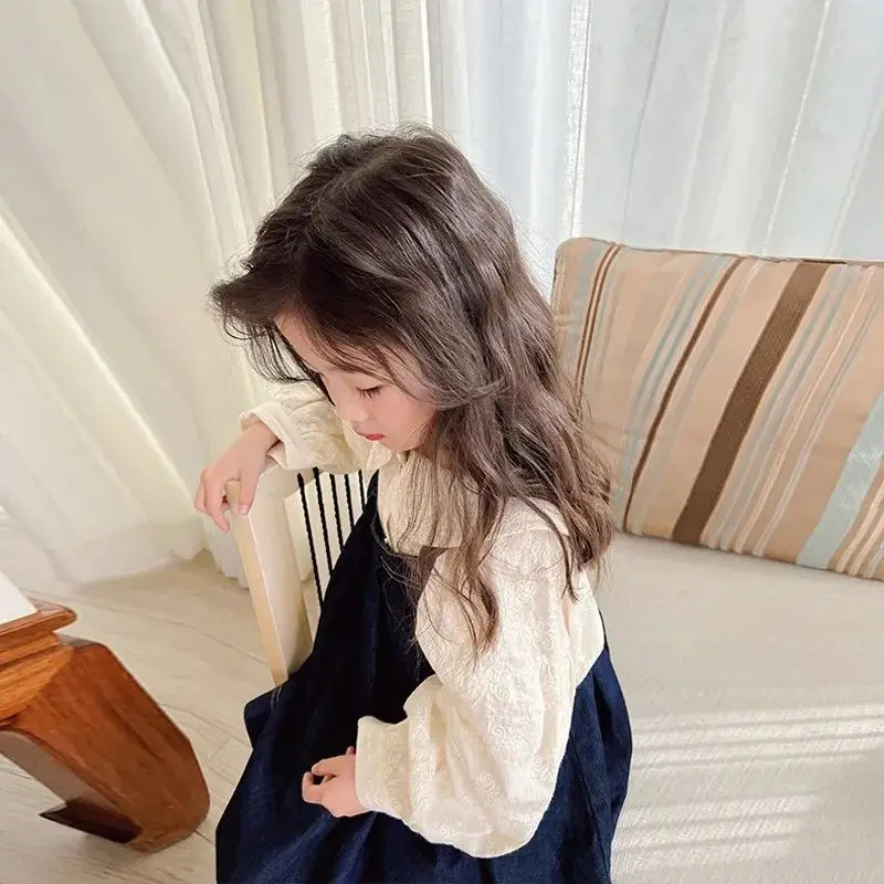 Children\'s Set Dress Autumn Style Doll Collar Shirt Denim Skirt  Long Sleeve 2pcs Denim Suspender Skirt+Beige Baby Collar