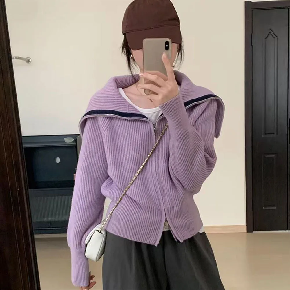 Vintage Women Sweater Cardigan Sailor Collar Solid Soft Knitting Coat Spring Autumn Female Long Sleeve Zip-up Warm Jacket