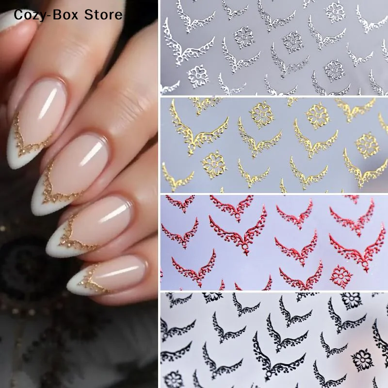 [ZY]3D Metal French V-Shaped Tips Nail Art Sticker Gold Silver Red Black Bohemian Totem Decal DIY Manicure Decor Valentine's Day