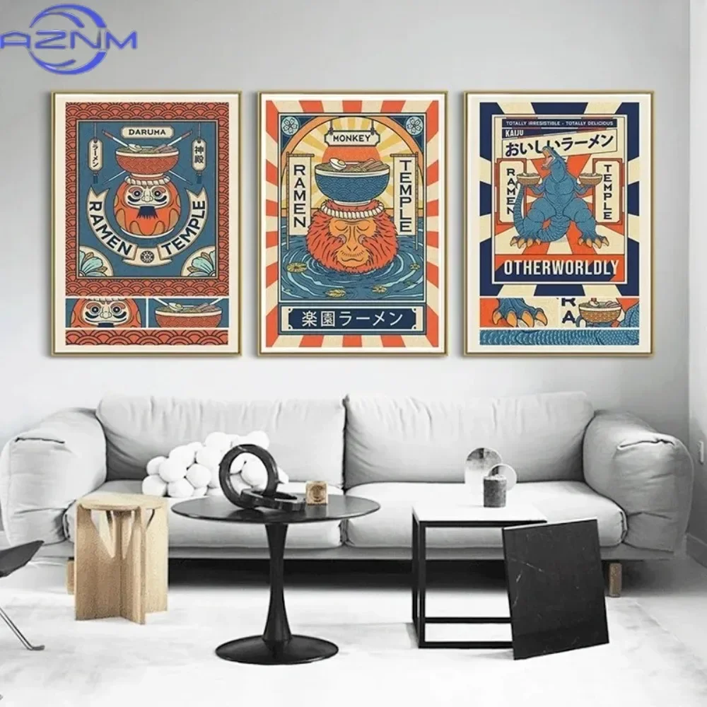 1pc Frameless Retro Illustrator Japanese Ramen Art Poster Animal Ramen Sushi Painting Wall Art Decor Kawaii Room Decor Canvas