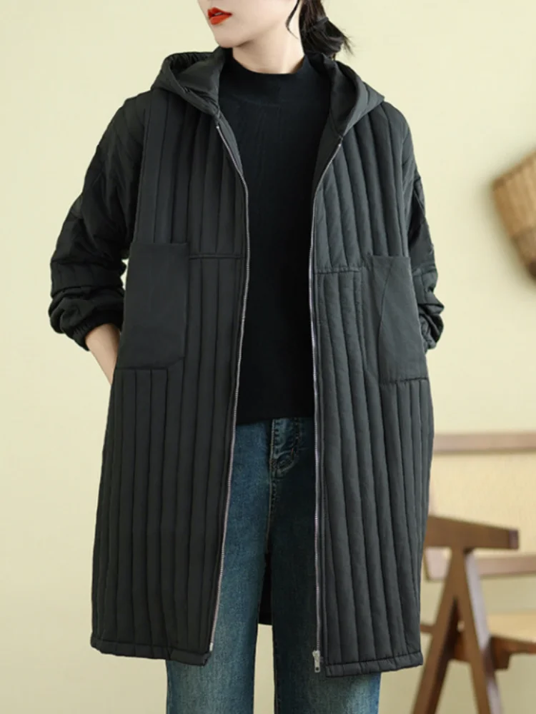 

Vefadisa 2024 Autumn Winter New Black Women Parkas Coat Hooded Long Sleeved For Warm Fashion Mid-length Parkas Coat ZXY1140A