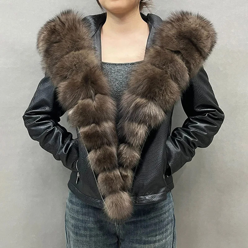 2024 Natural Leather Long Sleeves for Women Fox Fur Collar Coat Leather Coat Jacket Autumn Winter Luxurious Sheepskin Jacket