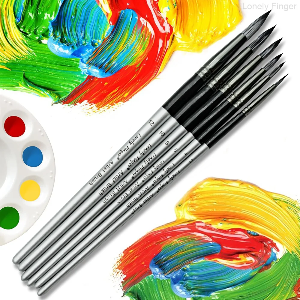 6pcs Round Pointed Brushes Set, Premium Handle Artist Brushes with Synthetic Tips, Round, Acrylic, Oil, Watercolor, & A