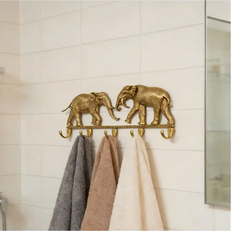 Brass double elephant decorative hook porch key storage, retro wall coat hook South East Asia wind animal hanger