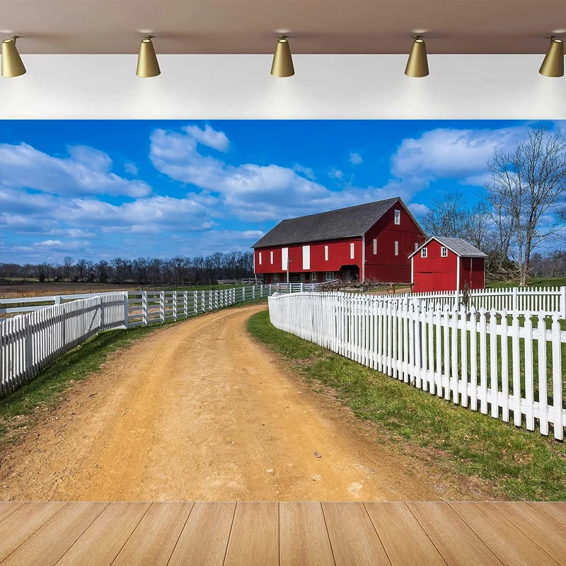 Rural Farm Photography Backdrop Red Barn White Wooden Fence Blue Sky White Clouds Countryside Background Outdoor Birthday Party