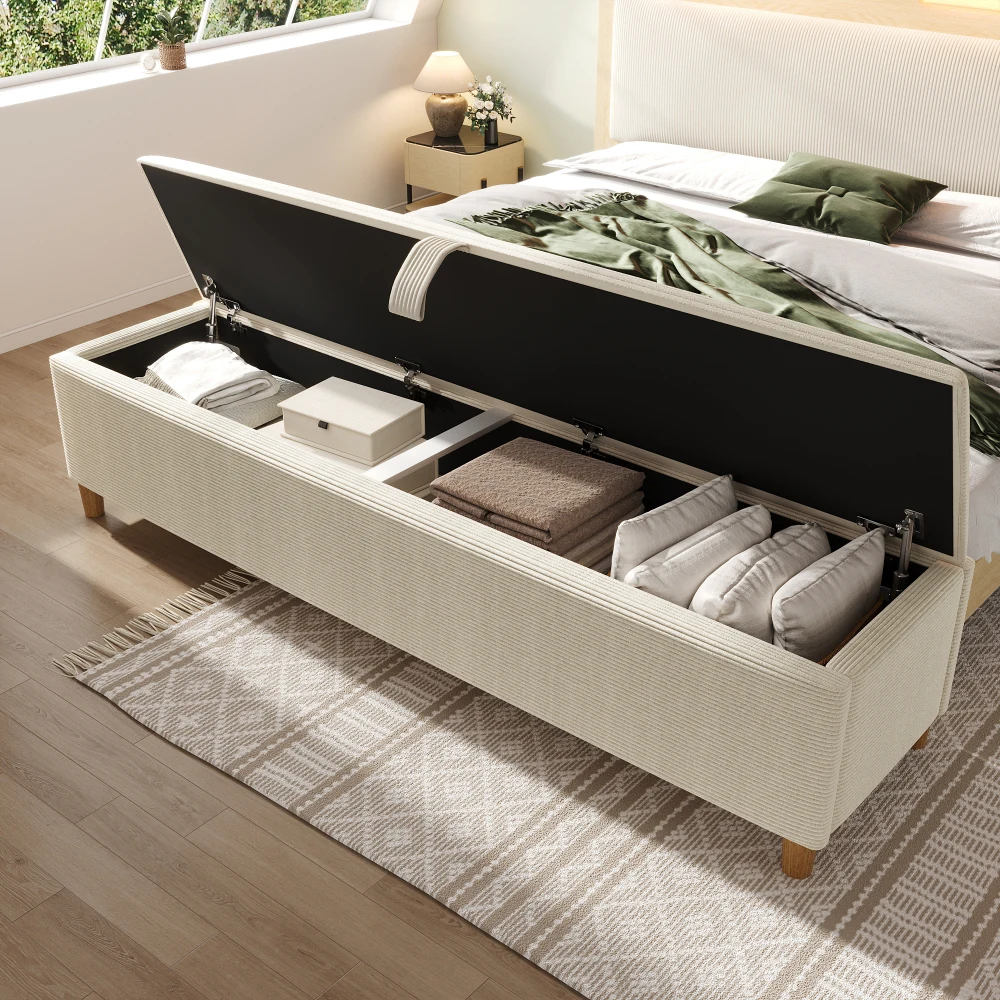 Beige Cord-Polsterbank mit Stauraum und hydraulischem Hebedeckel, Beine aus Massivholz, Schuhorganizer für das Bettende, zusätzliche Sitzgelegenheit für Schlafzimmer, Eingangsbereich, Wohnzimmer,