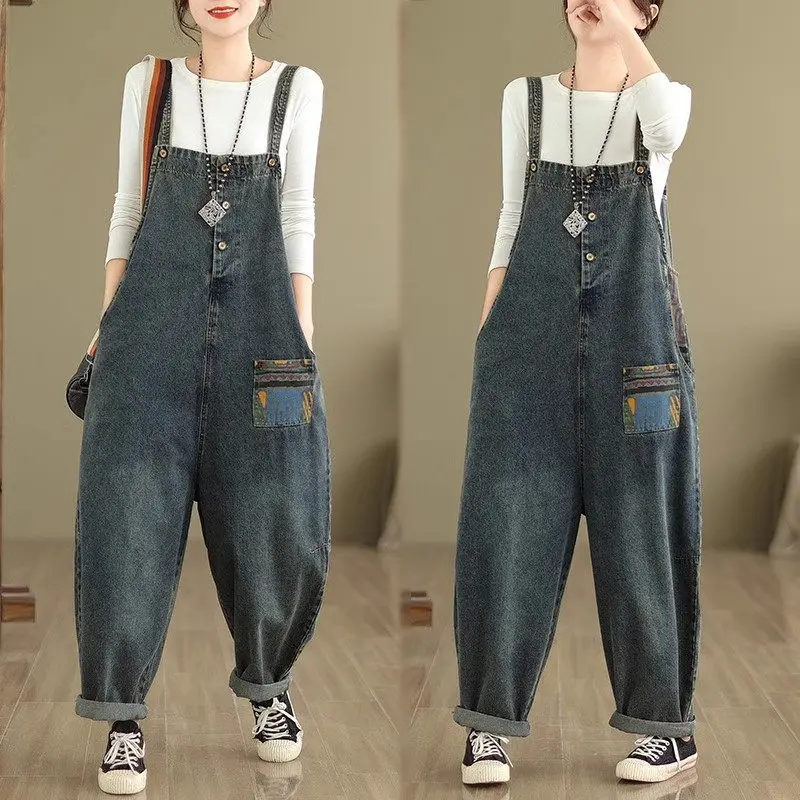 Spring And Autumn 2024 New Denim Overalls Women's Printed Pockets Retro Washed Fashion Casual Jumpsuit Pants Strap Jeans K2514