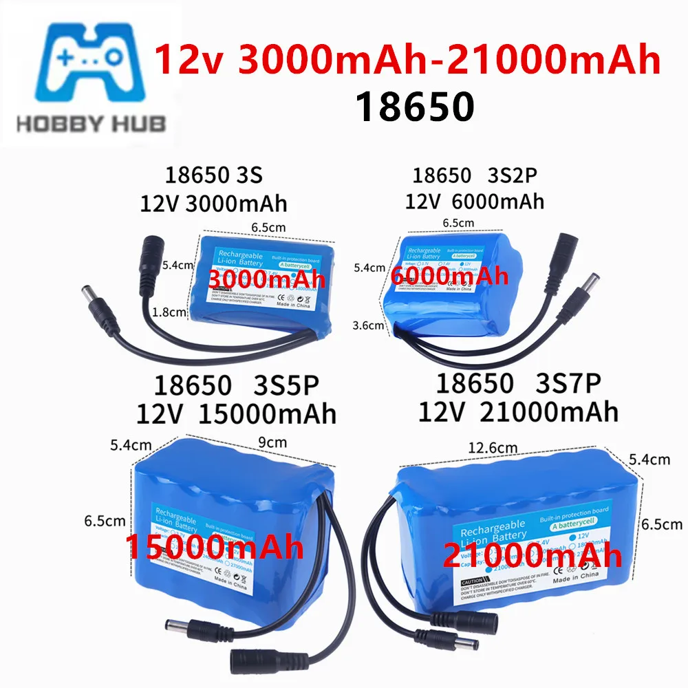 18650 Lithium Battery 12v 3000/15000/21000mAh for Microcontroller LED Outdoor Light Bluetooth Speaker Audio Backup Power Supply