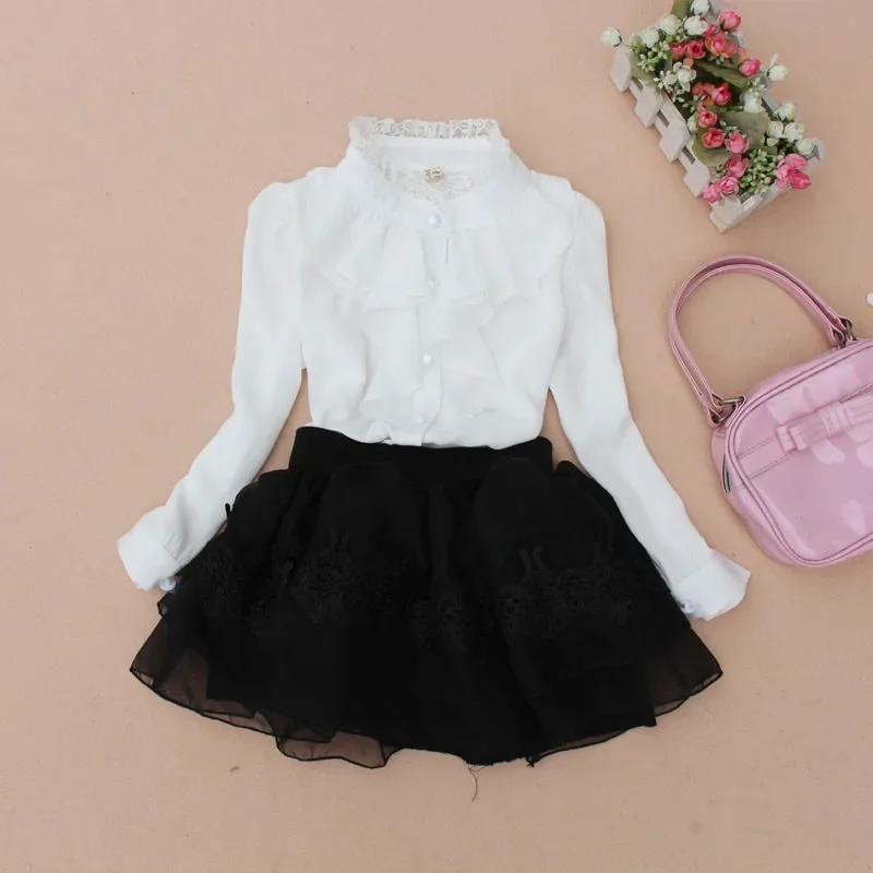 2024 Spring Fall 2-16 Y Chiffon Lace Baby Big Girls Blouse White Clothes Child Long Sleeve School Girl Shirt Kids Tops JW0263