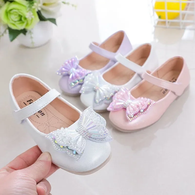 Girls Casual Shoes Princess Baby Sequin Bow Flat Shoes Fashion Children\'s Performance Leather Shoes 2023 Spring Summer New H155