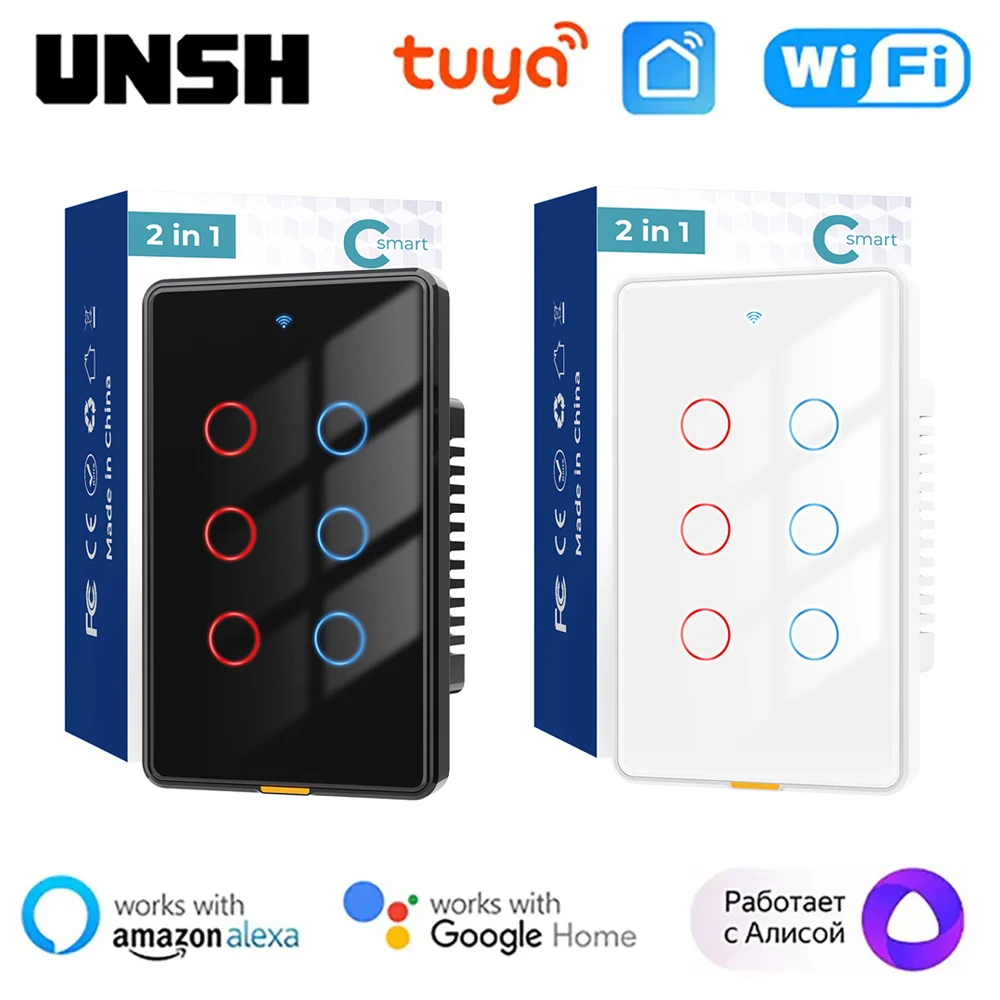 6 gang Tuya Smart WiFi RF Light Touch Wall Switch 2-Way With Type-C With Neutral Wire Smart Life Via Alexa Google Home Alice