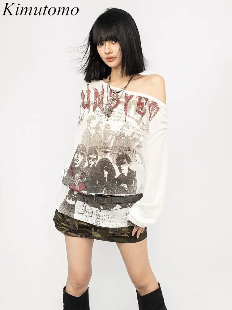 

Kimutomo Vintage T Shirts Women Sexy Diagonal Collar Off Shoulder Long Sleeve Autumn Fashion Y2k Aesthetic Harajuku Ladies Tops
