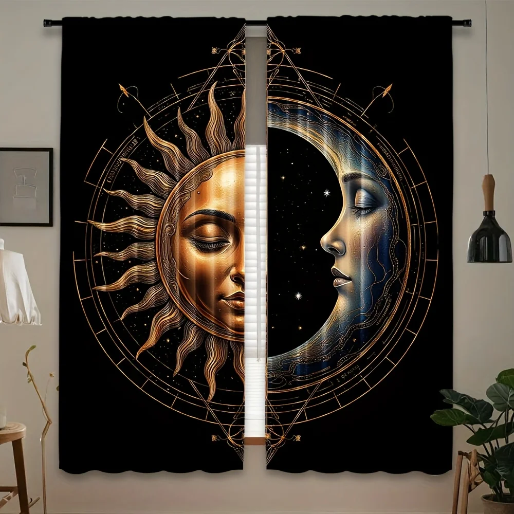 Celestial Sun and Moon Face Curtains with Occult Symbol Design Fantasy Art Home Decor Mystical Living Room Bedroom Window Drapes