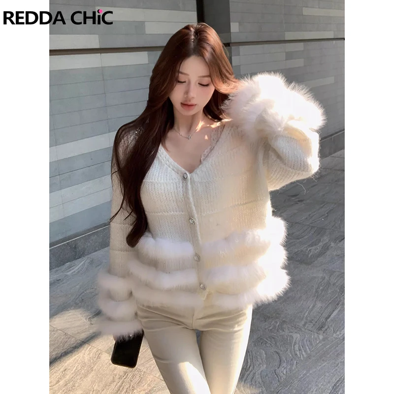 ReddaChic Women Stitch Faux Fur Button Down Jumper Top V-neck Fluffy Glitter Knitted Cardigan Sweater Lounge Fall Winter Clothes