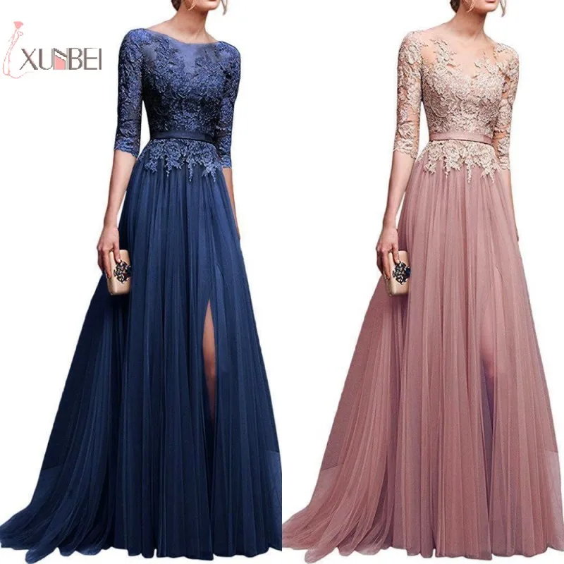 Elegant Pink Navy Blue Tulle Long Bridesmaid Dresses Lace Applique Half Sleeve High Split Wedding Guest Evening Party Prom Gowns