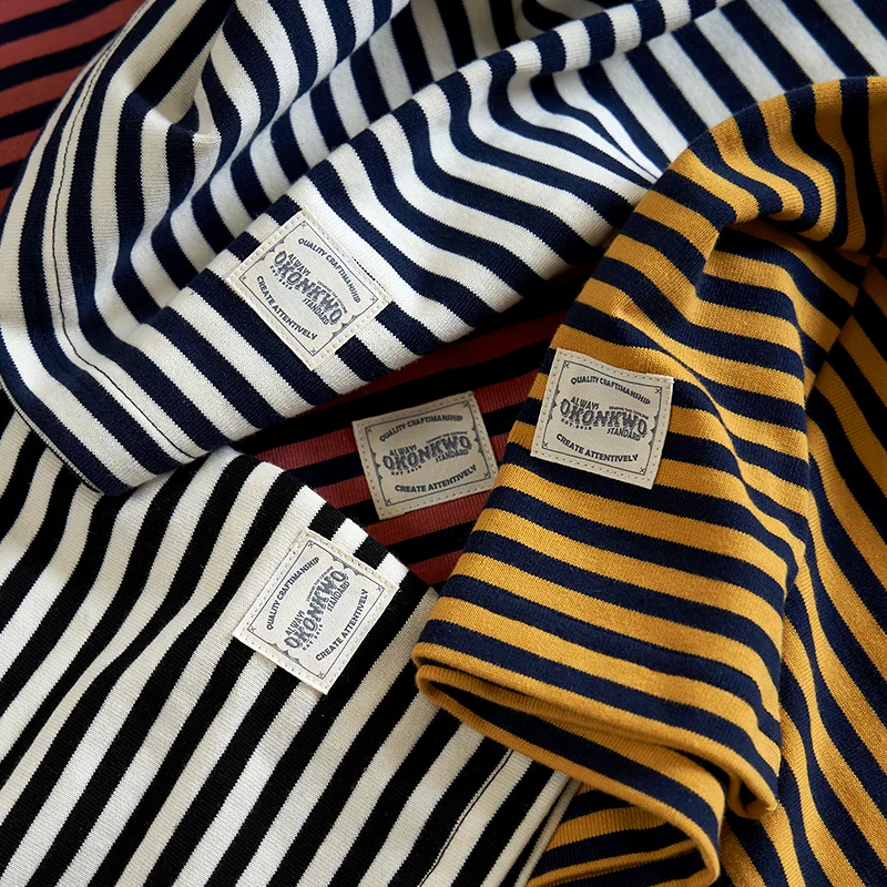 American Style 280g Pure Cotton Heavyweight Blue White Stripes Short Sleeve Men's T-shirt Couple's Sailor Sea Soul Shirt