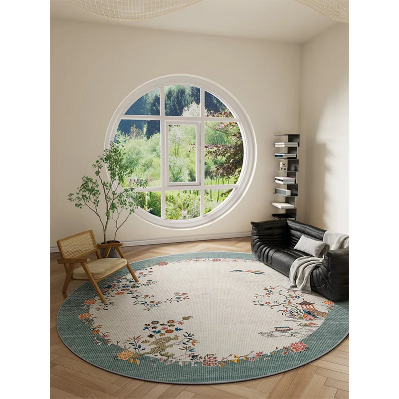 Round Carpet – Large Modern Living Room Rug with Flower & Bird Yellow Design, Kids Room Decor, Sofa Floor Mat