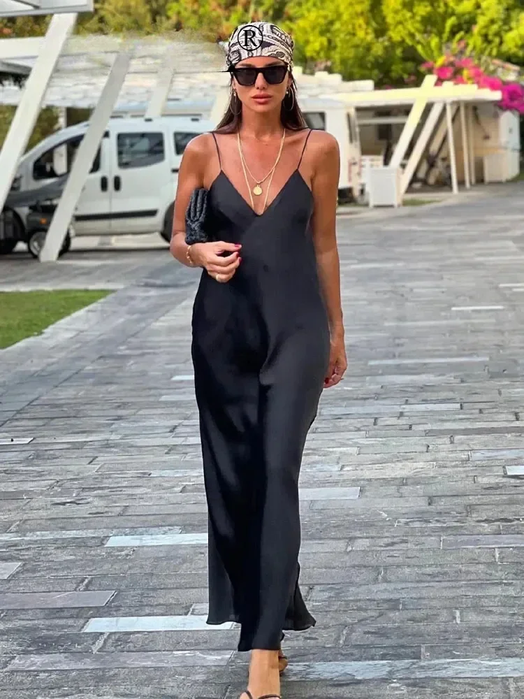 

2025 Women Vintage Solid V Neck Sleeveless Backless Dress Female Summer Slim Long Dresses Elegant Evening Dress TRAF