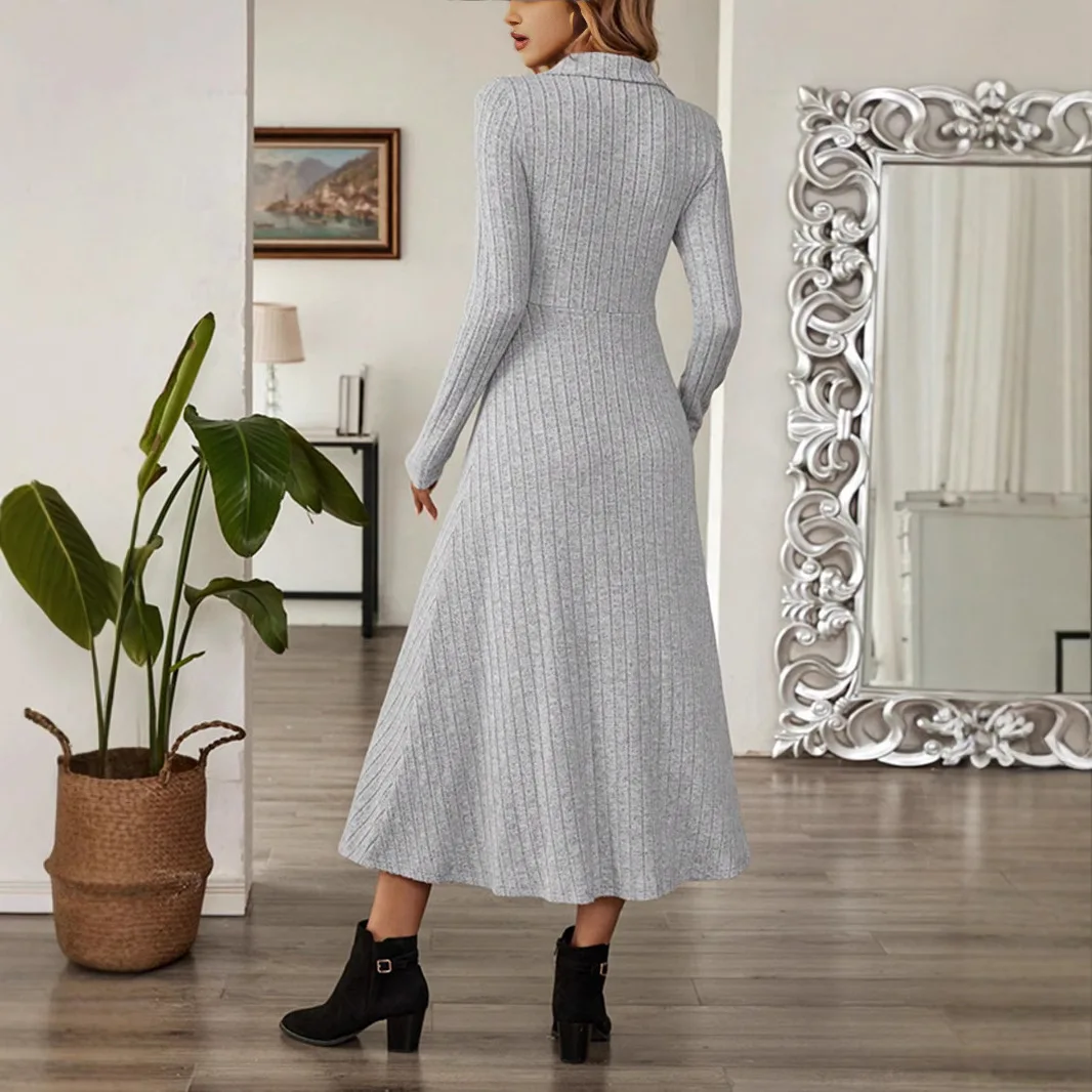 Moda de inverno vestido estético feminino com decote em v silm fit vestidos de manga comprida vestido longo cinza sólido camisa de festa elegante roupas y2k