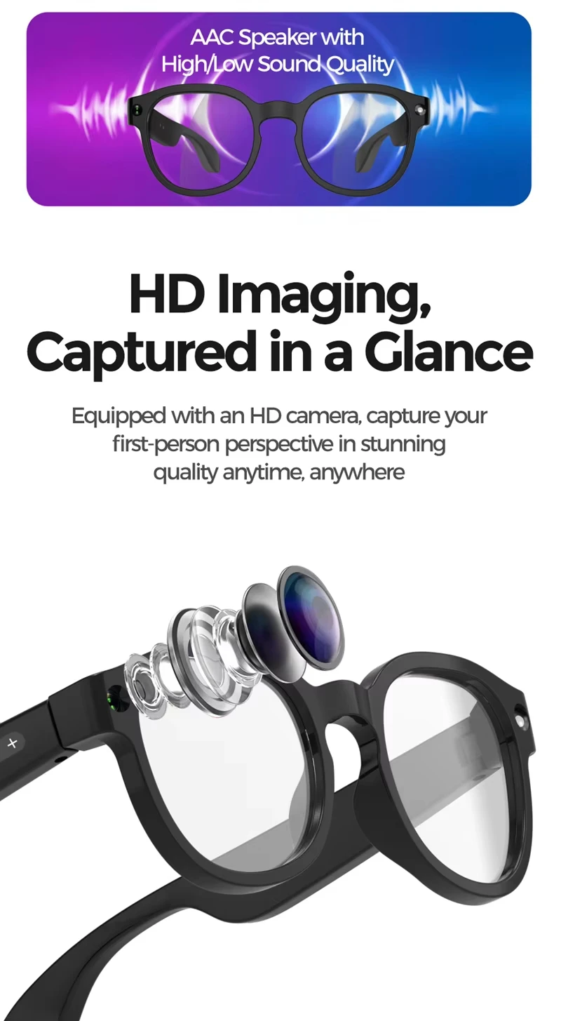 Lenovo for Men Women 8MP AI Smart Glasses 8k HD Camera Glasses AI Wake-up Bluetooth Music Audio Sunglasses Language Translation image 6