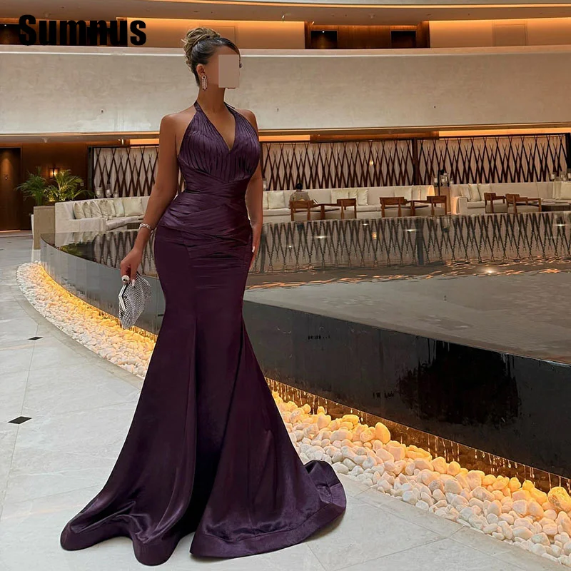

Sumnus Simple Mermaid Prom Gowns Halter Pleats Sleeveless Floor Length Evening Dresses فساتين سهرة Customized