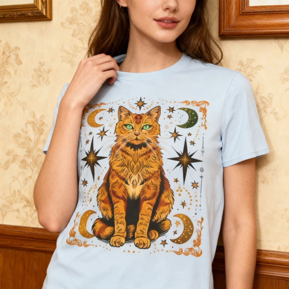 Mystic Orange Cat Tarot Shirt Witchy Astrology Cat Tee Celestial Runes T-Shirt Magic Cat Lover Gift Clothing Women Fashion Tops