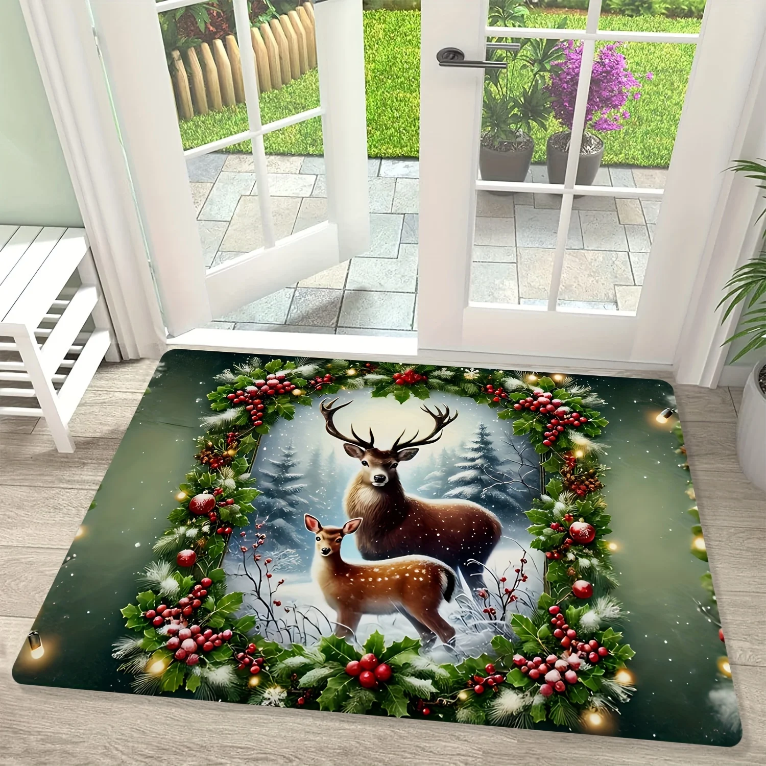 Winter Reindeer Holiday Entry Mat Holly Berry Wreath Snowy Forest Floor Rug Seasonal Decor Carpet for Front Door and Entrance