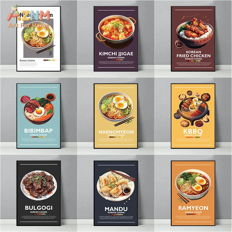 AZNM Frameless Canvas Poster Korean Food Print, Bibimbap Ramyeon Kimchi Stew BBQ Illustration Wall Art Picture for Restaurant Ki