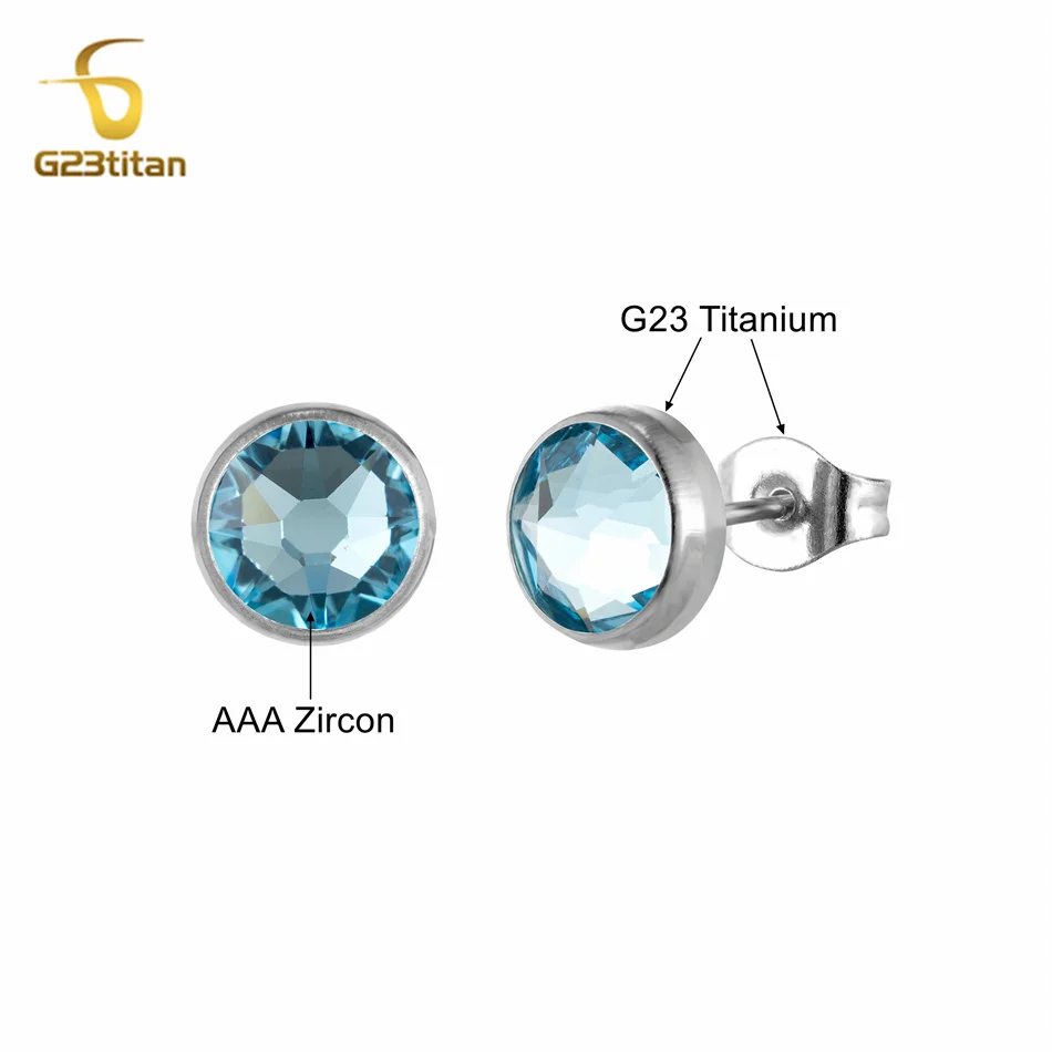 1 Pair Bright Aquamarine Zircon Earrings Hypoallergenic G23 Titanium Ear Piercing First Stud Earings Men Women Girl Jewelry Gift