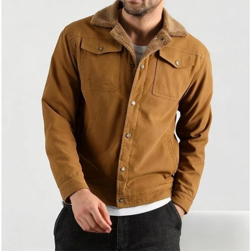 Men's Fleece Thickened Jacket Autumn and Winter New American Casual Men's Clothing Lamb Fleece Versatile Lapel Tooling Jacket
