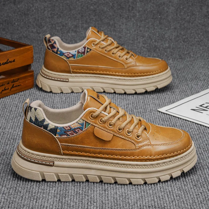 Men Ethnic Print Platform Casual Shoes Leather Upper Lace‑Up Work Sneakers Anti‑Slip Footwear For Daily Outdoor And Street Wear