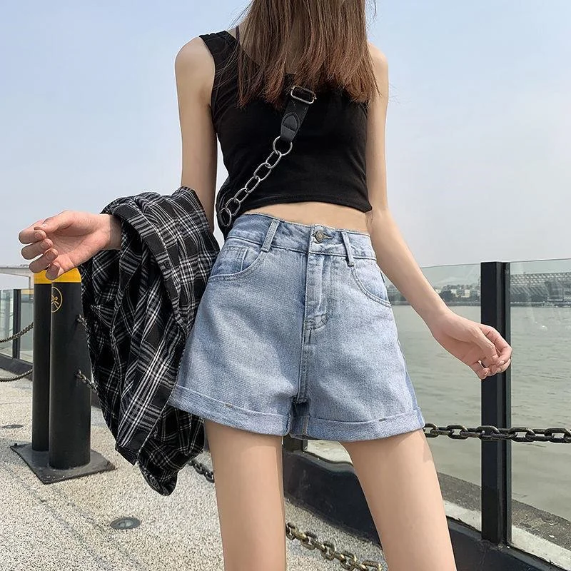 

Summer Women's Denim Shorts High Waist Blue Cotton Wide-leg Short Pants Girl's Student Mini Korean Fashion Womens Jean Shorts