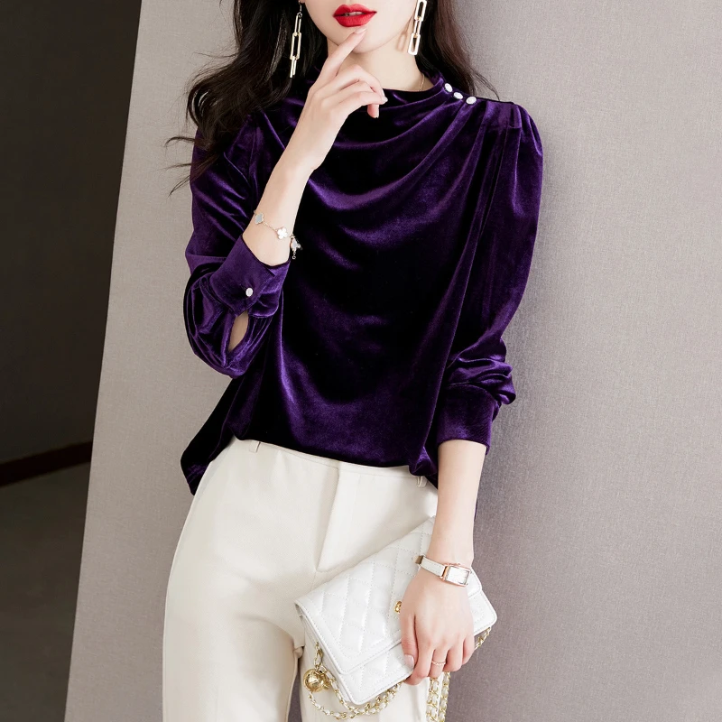 Fashion Corduroy Women's Blouse Vintage Pleated Turtleneck Long Sleeves Ladies Tops Chic Elegant Blouses Luxury Women's Clothing