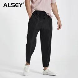 ALSEY Miyake Japanese Streetwer Fashion Men's Pleated Pants Autumn New Harem Pants Elastic Waist Loose Causal Folded Trousers