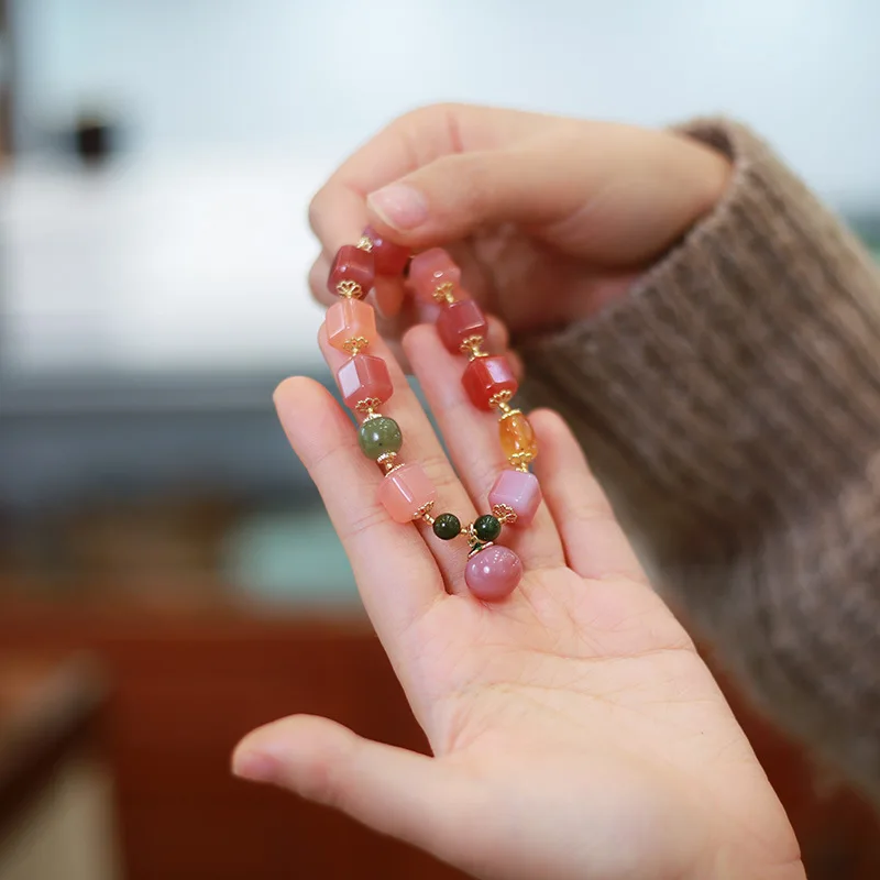 Natural Yanyuan Agate Square Bracelet with Peach Pendant, Jasper Barrels & Amber Candy Multi-Gem Bracelet for Women Gifts