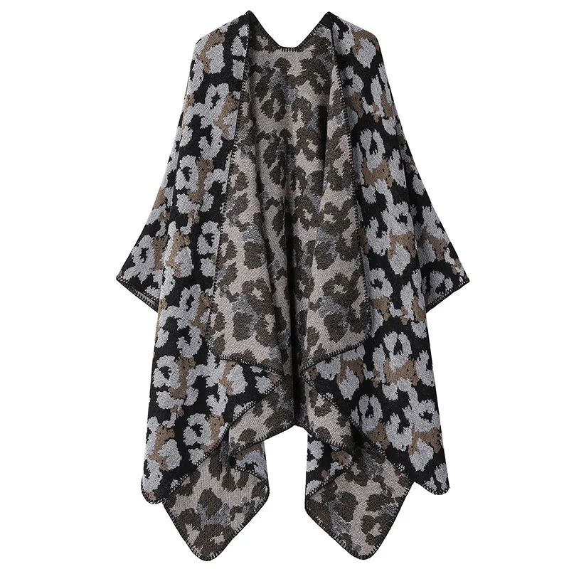 Winter shawl, long knitted cape with leopard print, thickened for warmth, women's scarf