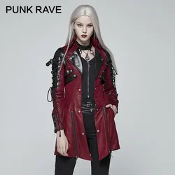 PUNK RAVE Gothic Style Women Vampire Red Punk Studded Heavy Pu Leather Motorcycle Jacket  Fashion Brand Quality Long Coat