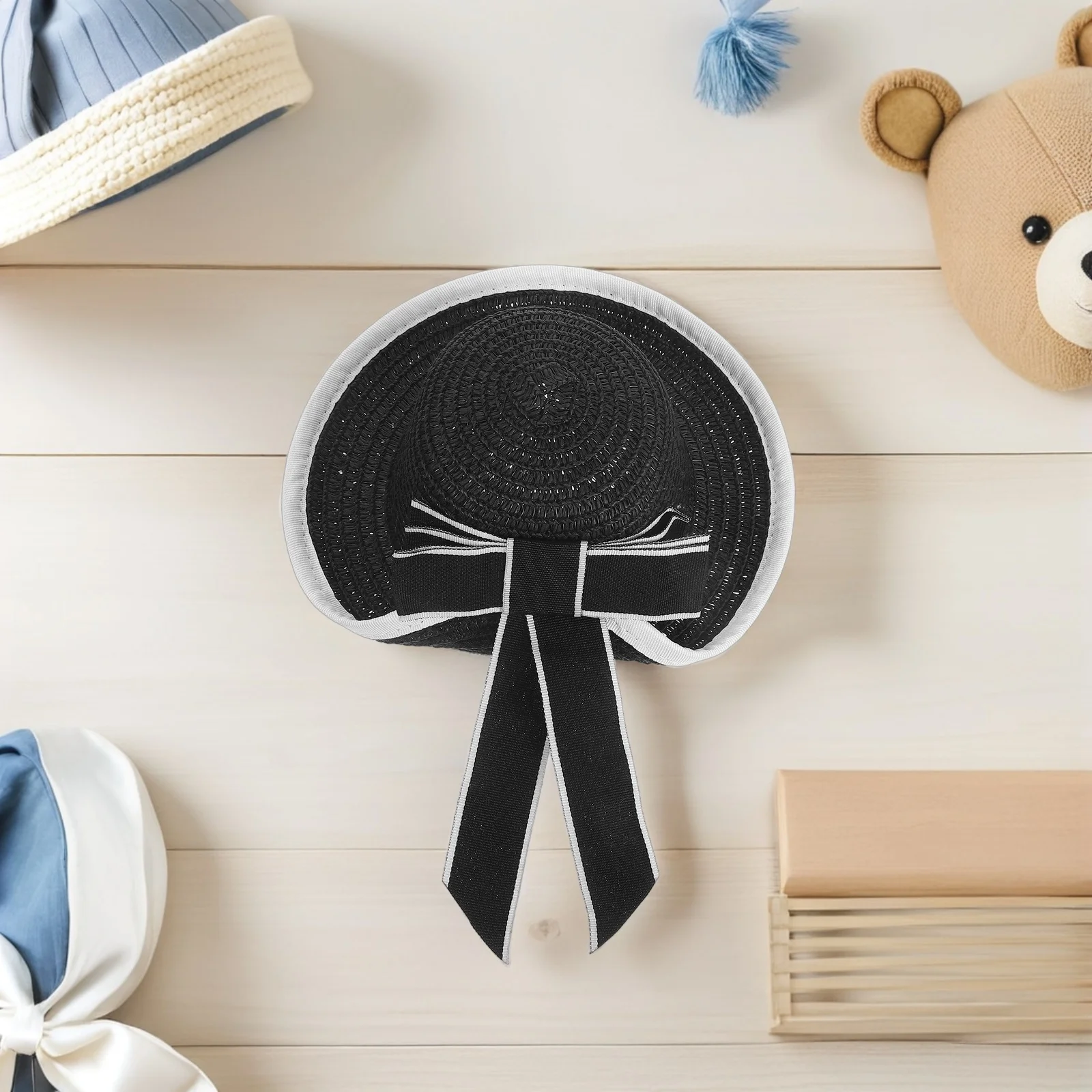 

Mini Straw Hats Black with Lace Ribbon Adornment Charming Accessory for Crafting and Ornaments Costume Hat